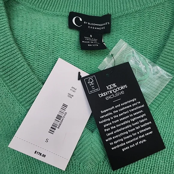 C by Bloomingdale's NWT Fern Green 100% Cashmere V-Neck Sweater - Small - Picture 5 of 6